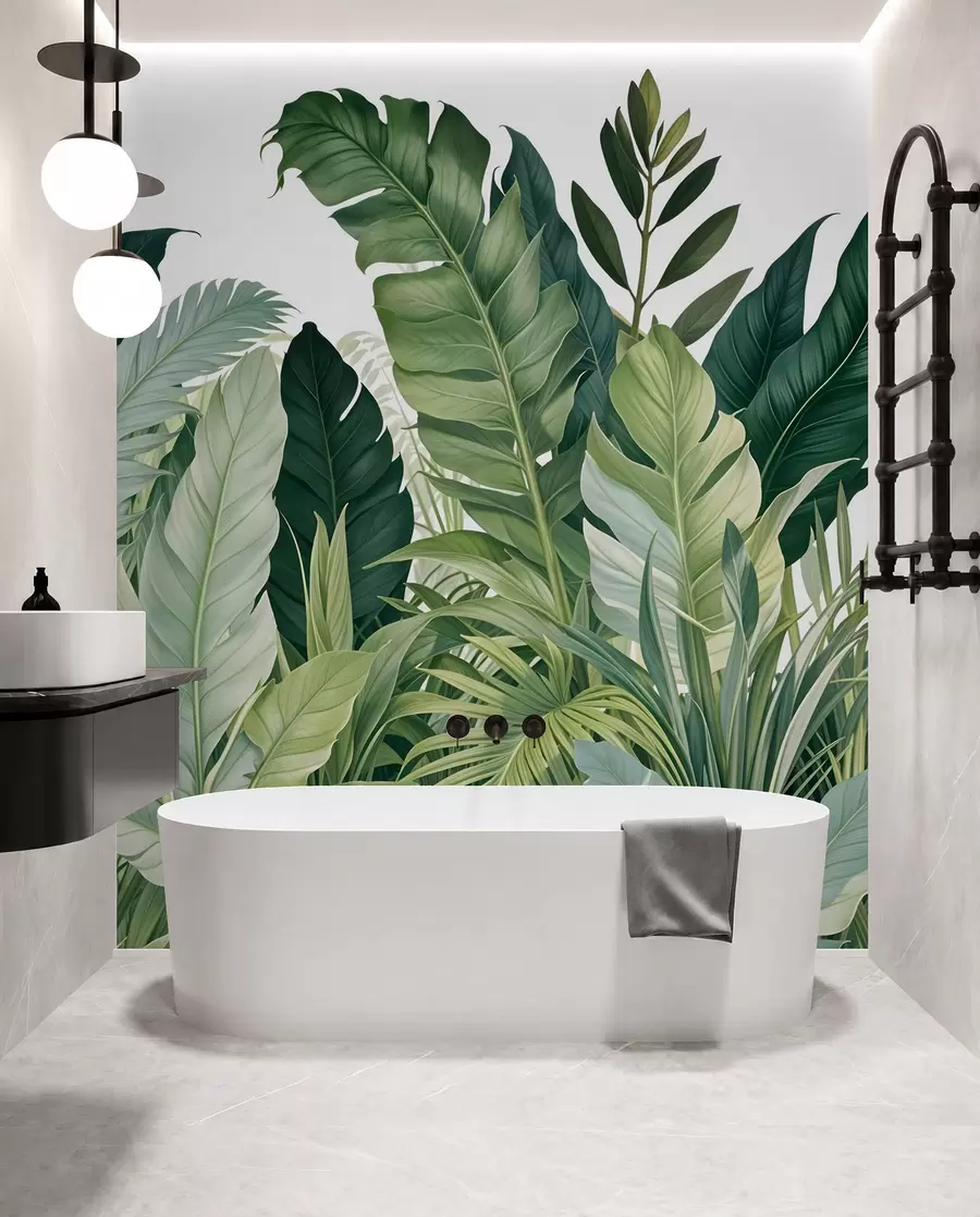 fototapet Frunze tropicale cu diverse frunze verzi mari, inclusiv frunze de bananier, frunze de palmier și alte specii de plante exotice w08609