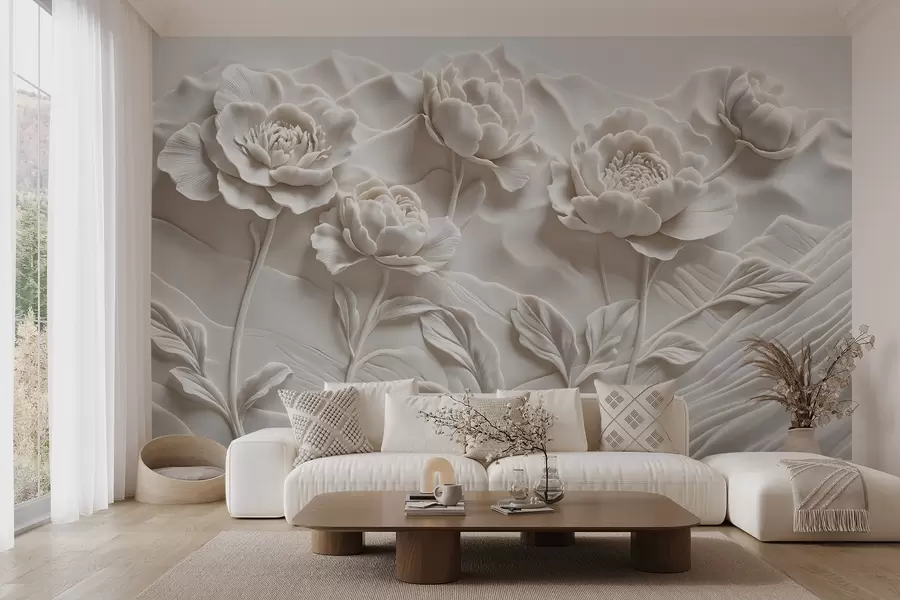 fototapet O imitație florală albă de sculptură în relief cu flori mari de bujor detaliate pe un fundal simplu w08612