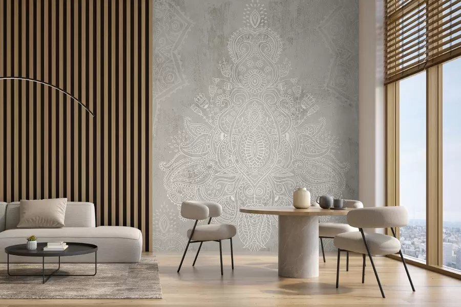fototapet Un imprimeu mandala cu dantelă albă detaliată și complexă pe un fundal abstract texturat bej deschis w08614