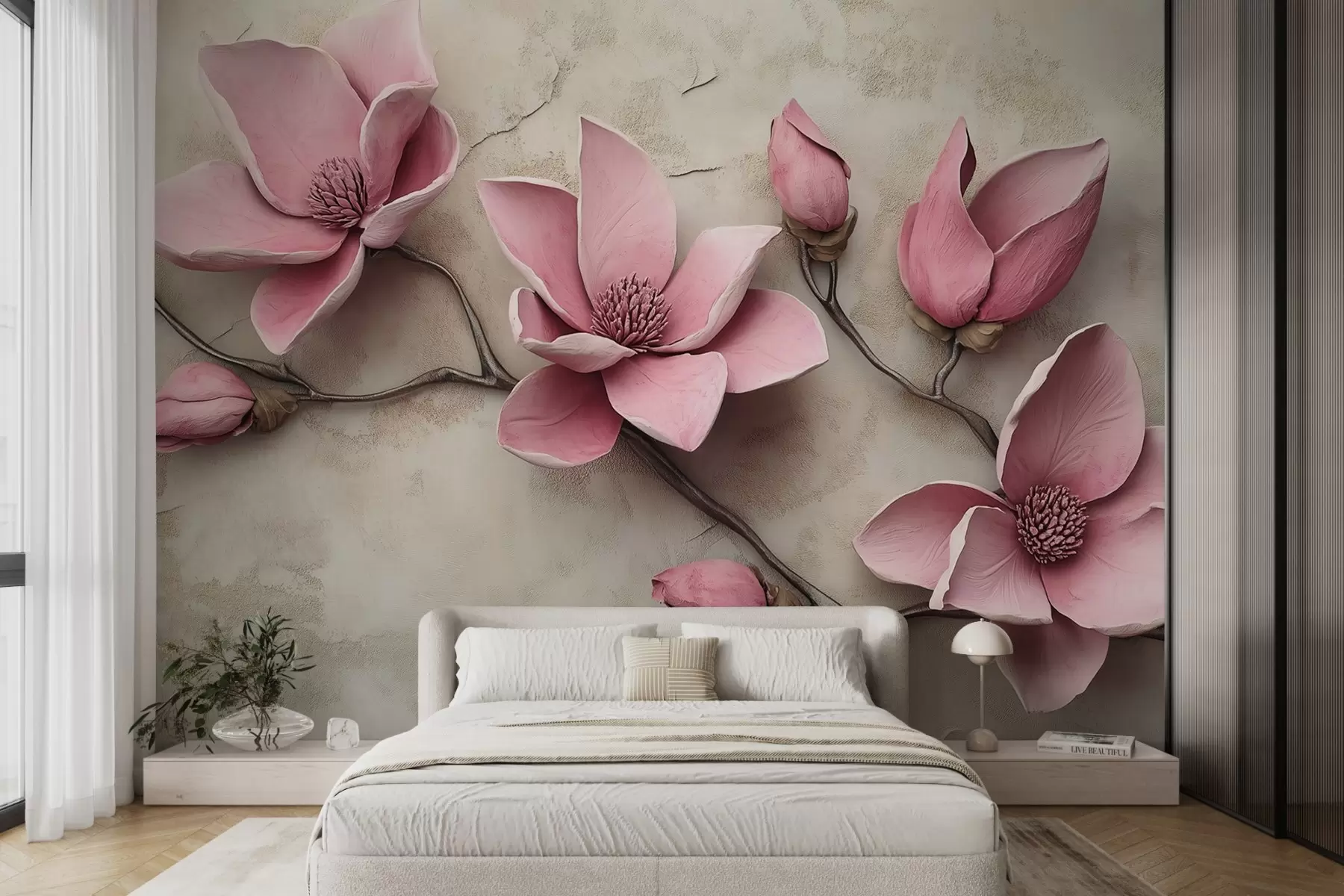 fototapet Magnolii roz în stil stucco w08635