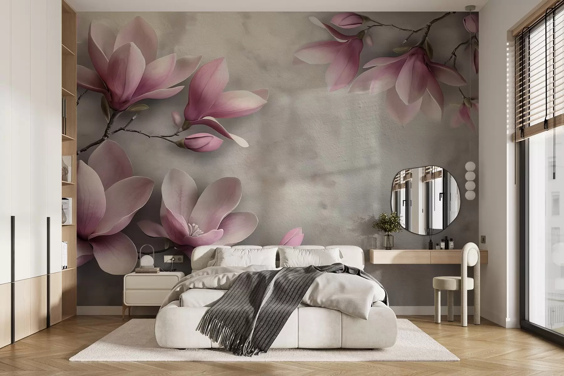 fototapet Delicate magnolii roz pe un perete de beton în tonuri de gri w08636v1