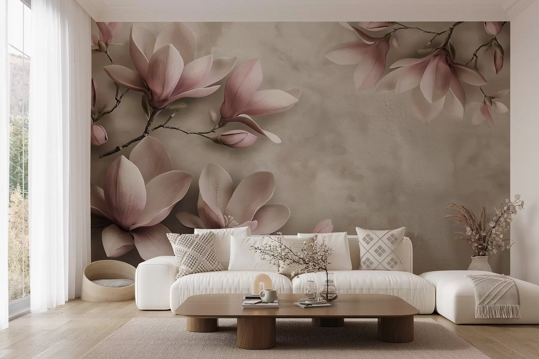 fototapet Delicate magnolii roz pe un perete de beton în tonuri sepia w08636v2