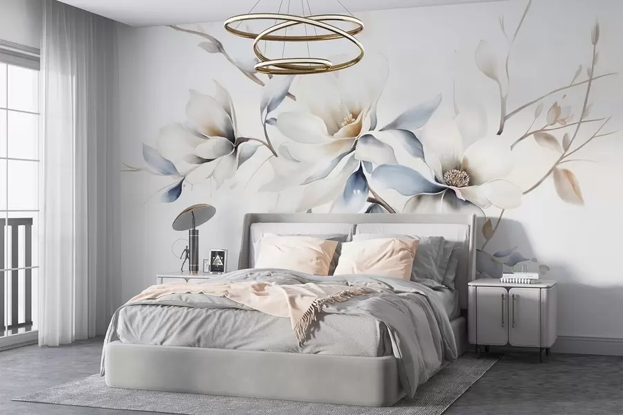 fototapet Delicate flori albe magnolia cu petale albastru moale pe un fundal de lumină acuarelă imitație minimalism w08644