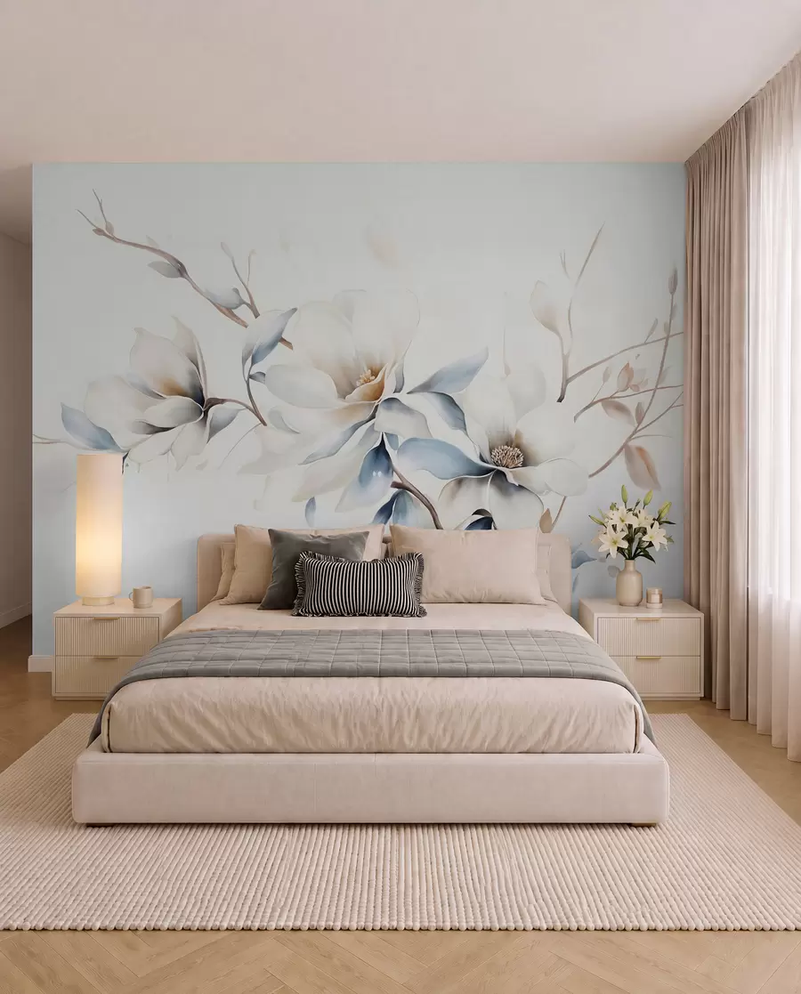 fototapet Delicate flori albe magnolia cu petale albastru moale pe un fundal de lumină acuarelă imitație minimalism w08644