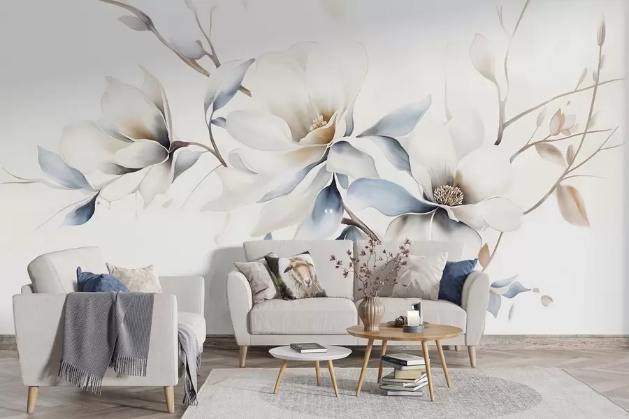 fototapet Delicate flori albe magnolia cu petale albastru moale pe un fundal de lumină acuarelă imitație minimalism w08644