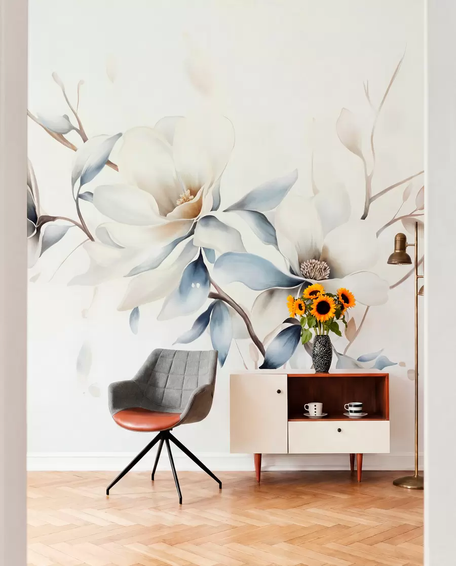 fototapet Delicate flori albe magnolia cu petale albastru moale pe un fundal de lumină acuarelă imitație minimalism w08644