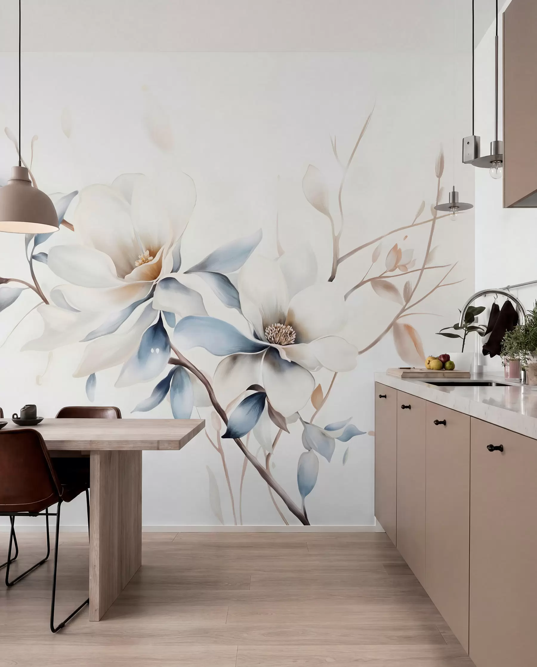 fototapet Delicate flori albe magnolia cu petale albastru moale pe un fundal de lumină acuarelă imitație minimalism w08644