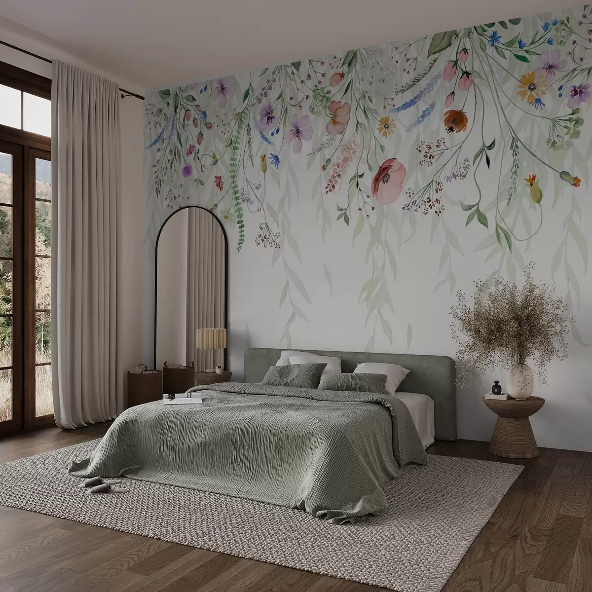 fototapet O imprimare florală colorată în cascadă cu diverse flori, frunze și plante în stil acuarelă w08646