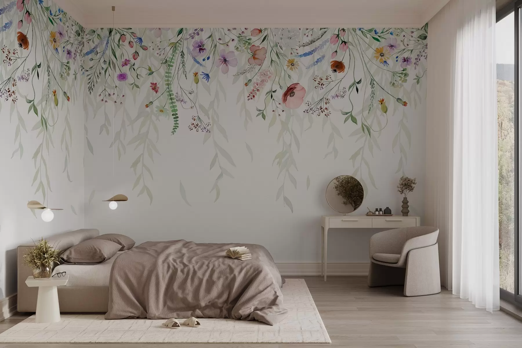 fototapet O imprimare florală colorată în cascadă cu diverse flori, frunze și plante în stil acuarelă w08646