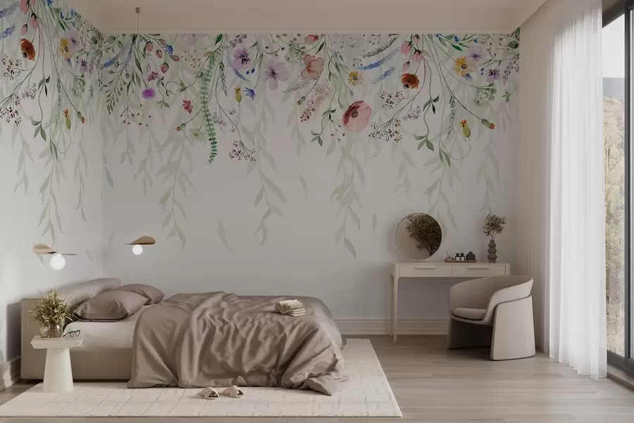 fototapet O imprimare florală colorată în cascadă cu diverse flori, frunze și plante în stil acuarelă w08646