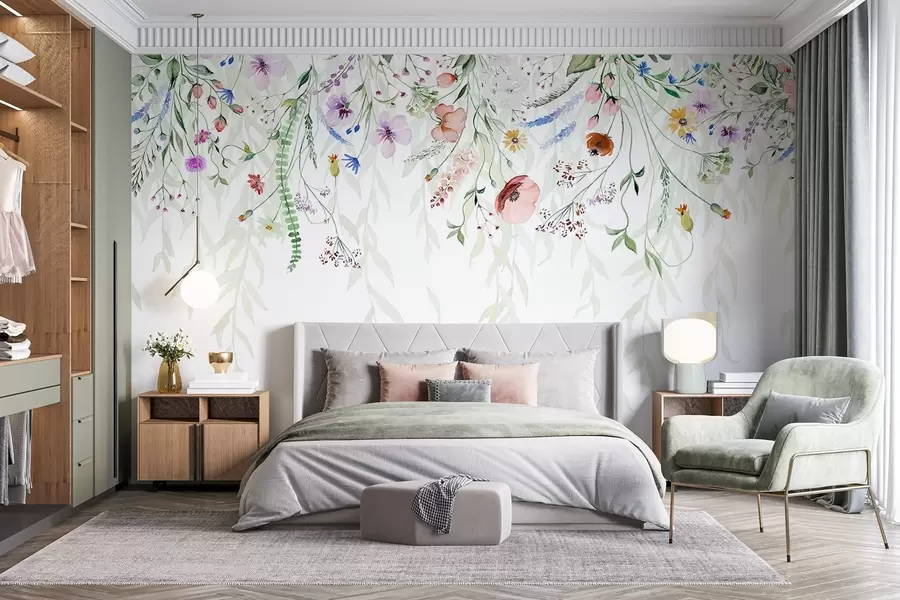 fototapet O imprimare florală colorată în cascadă cu diverse flori, frunze și plante în stil acuarelă w08646