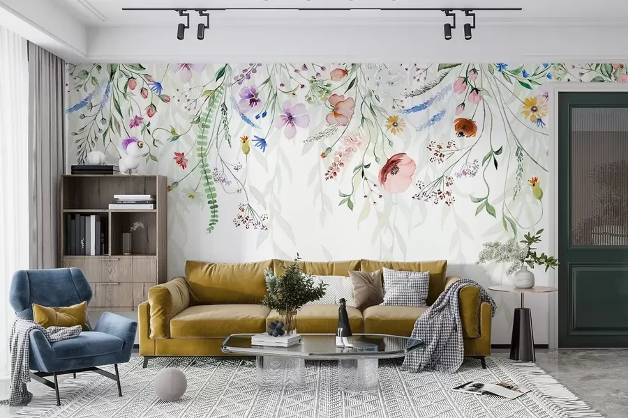 fototapet O imprimare florală colorată în cascadă cu diverse flori, frunze și plante în stil acuarelă w08646