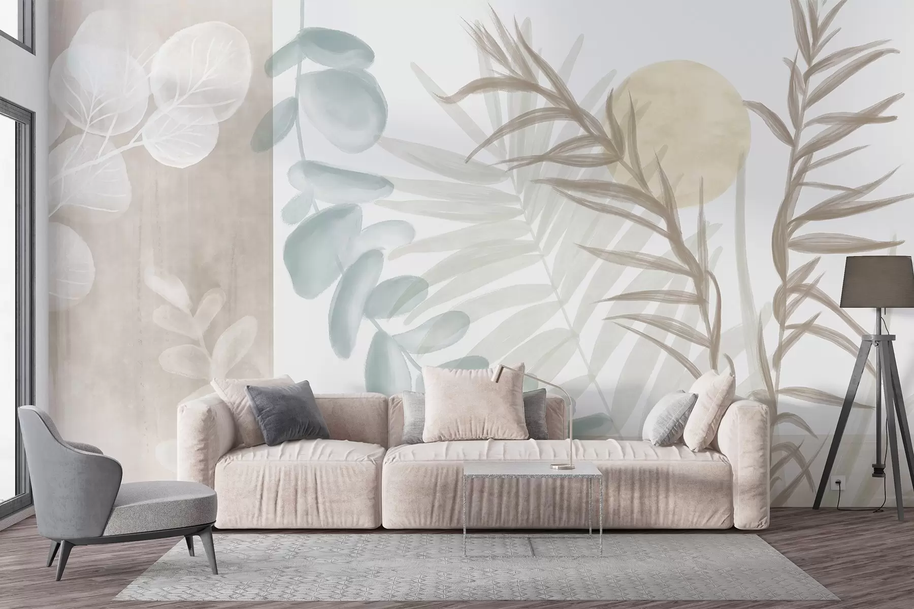 fototapet O imprimare abstractă minimalistă cu frunze stilizate și eucaliptus cu forme organice moi, bej, în culori pastelate atenuate w08648