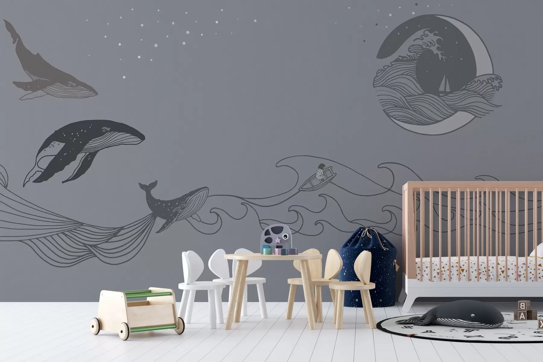 fototapet Balene și valuri în arta liniară minimalistă w02774v3