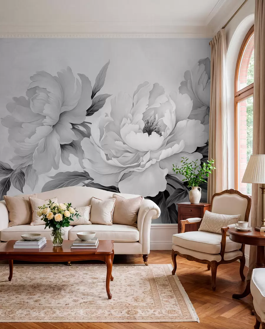 fototapet Bujori luxurianți în nuanțe de gri, cu detalii delicate ale petalelor și frunzelor, creând o atmosferă elegantă și senină w02856
