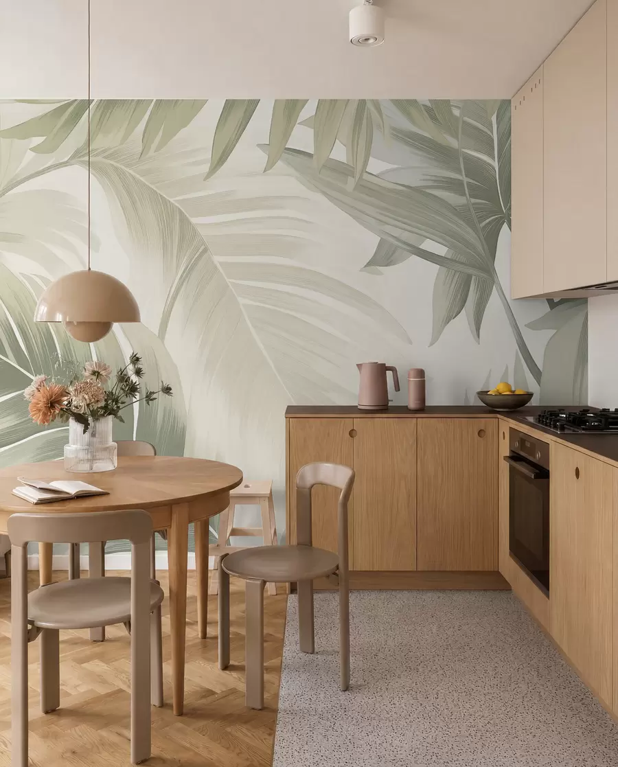 fototapet Model de frunze tropicale mari în nuanțe de verde și bej, cu gradiente netede și detalii delicate ale texturii w02858