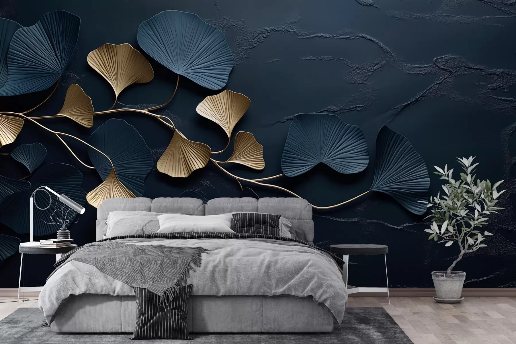 fototapet Ramură volumetrică cu frunze pe un perete de beton w02841