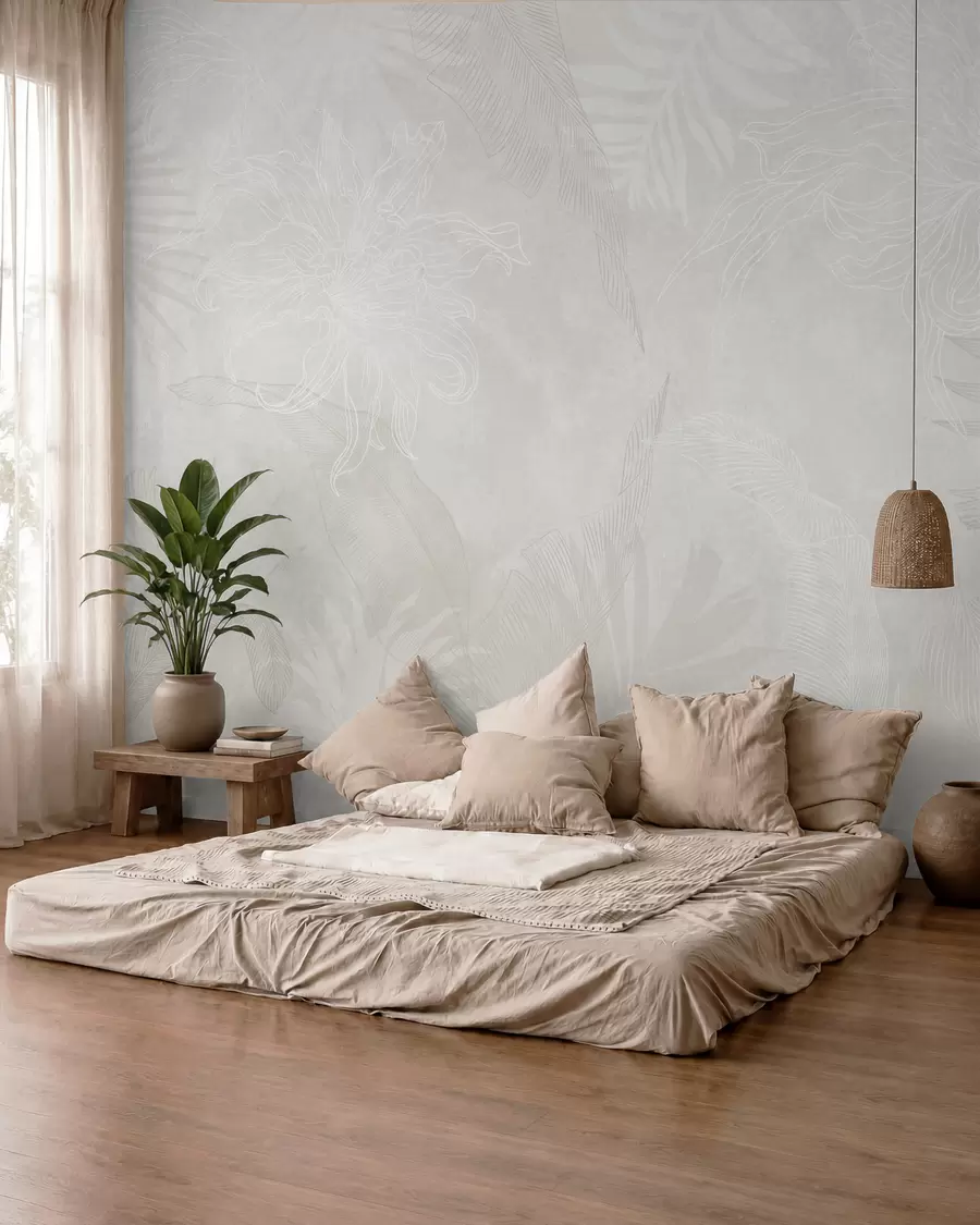 fototapet Frunze tropicale cu efect grunge în culoare deschisă w02737