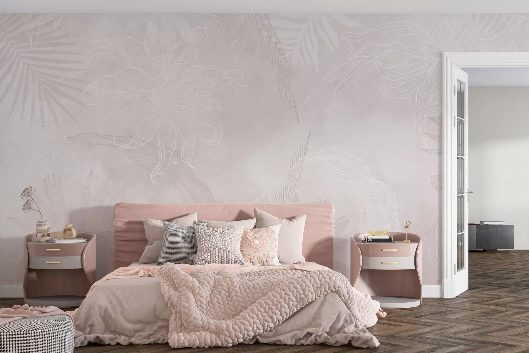 fototapet Frunze tropicale cu efect grunge, cu o nuanță roz w02737v4