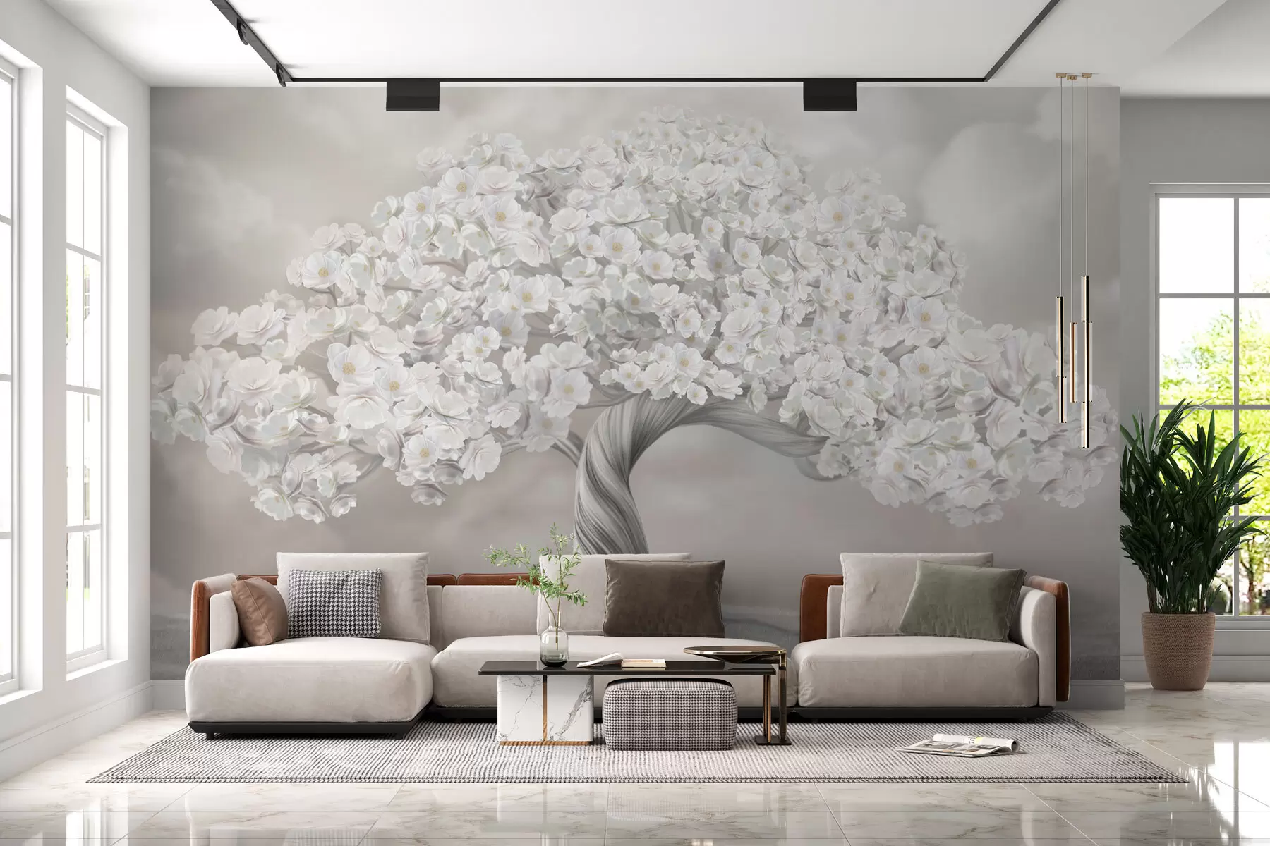 fototapet Copac mare în flori cu nori în fundal în culori pastelate w02748v1