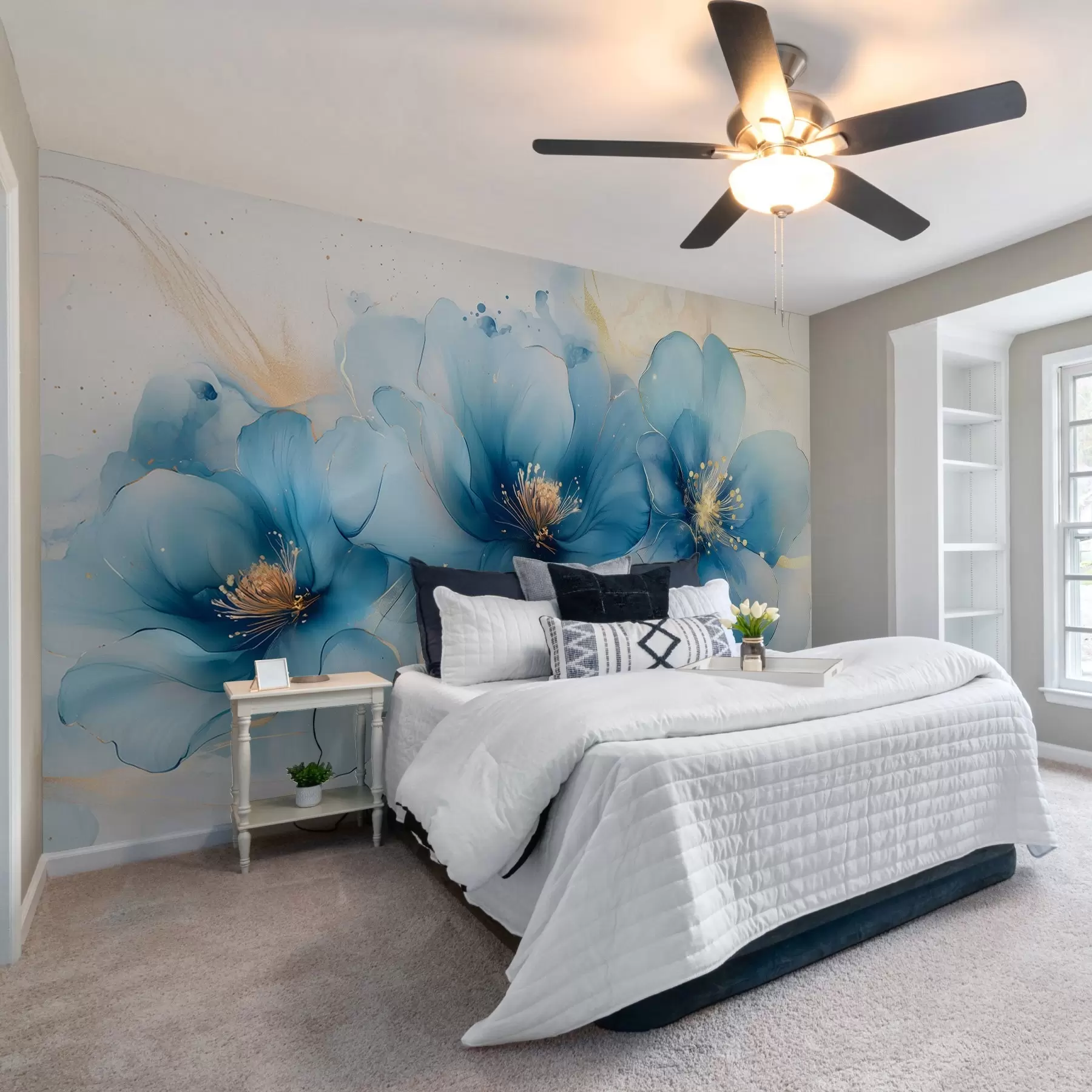 fototapet Tablou floral de vis cu flori albastre mari, delicate w02769