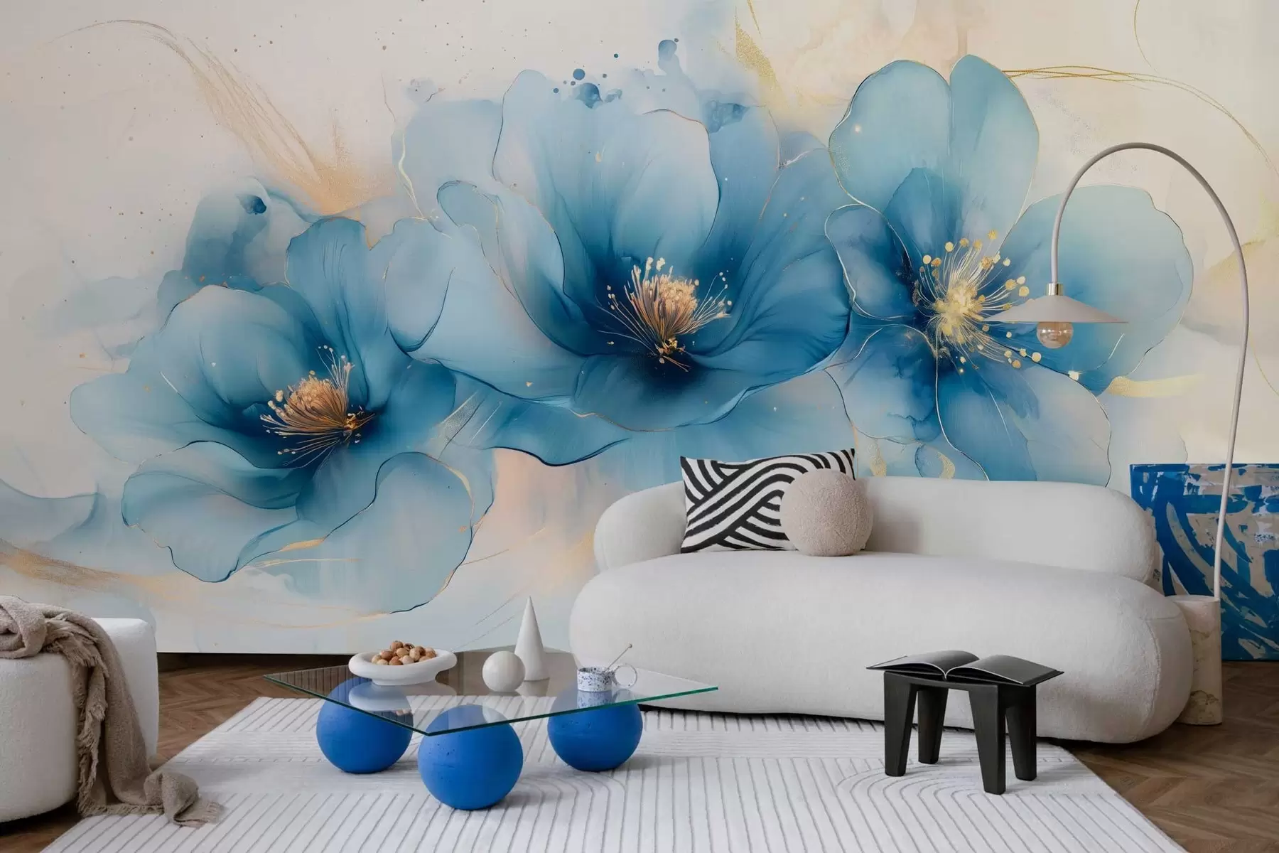 fototapet Tablou floral de vis cu flori albastre mari, delicate w02769