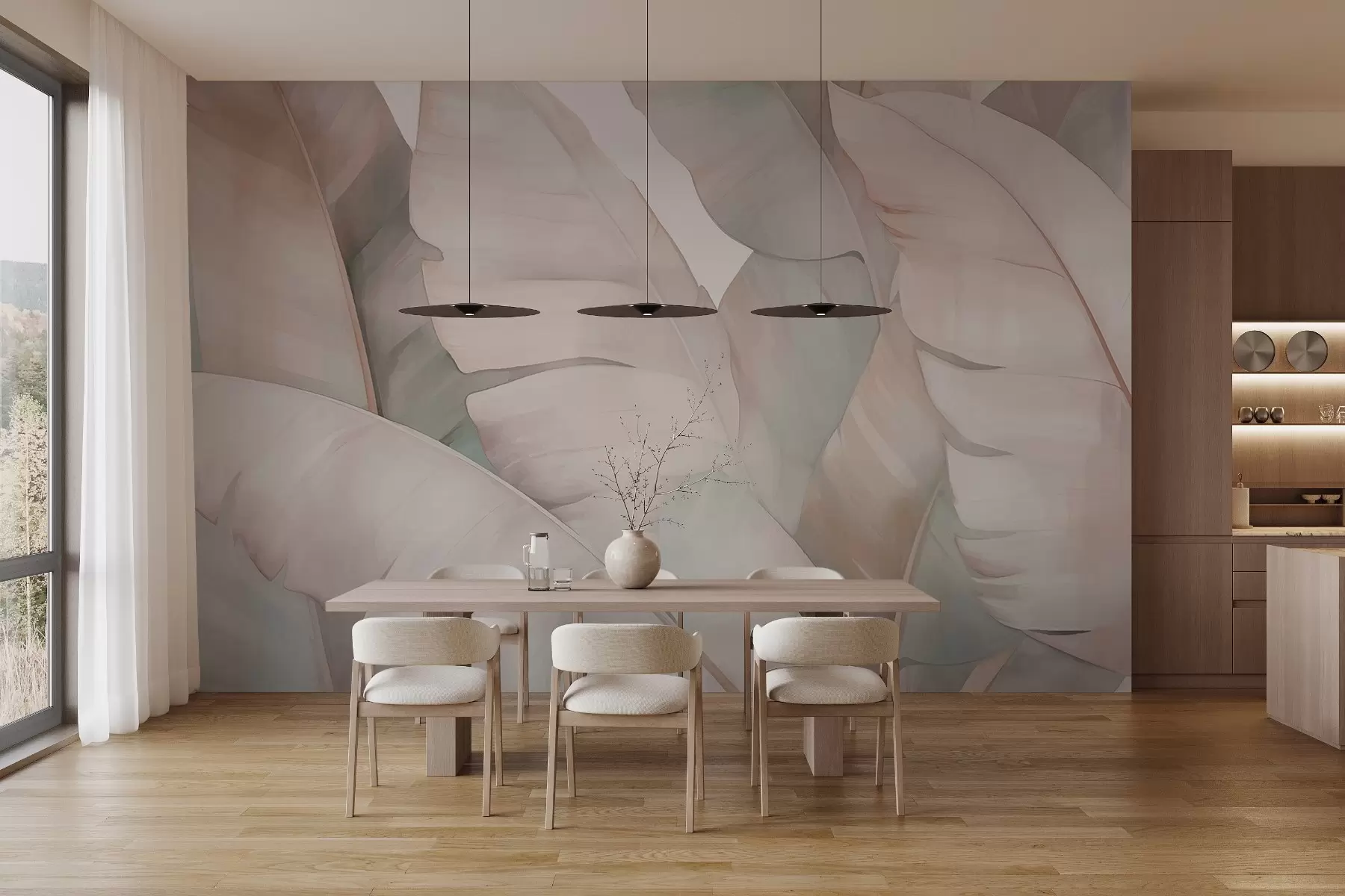 fototapet Frunze de bananier în pastel cu ornamente roz w02778v1