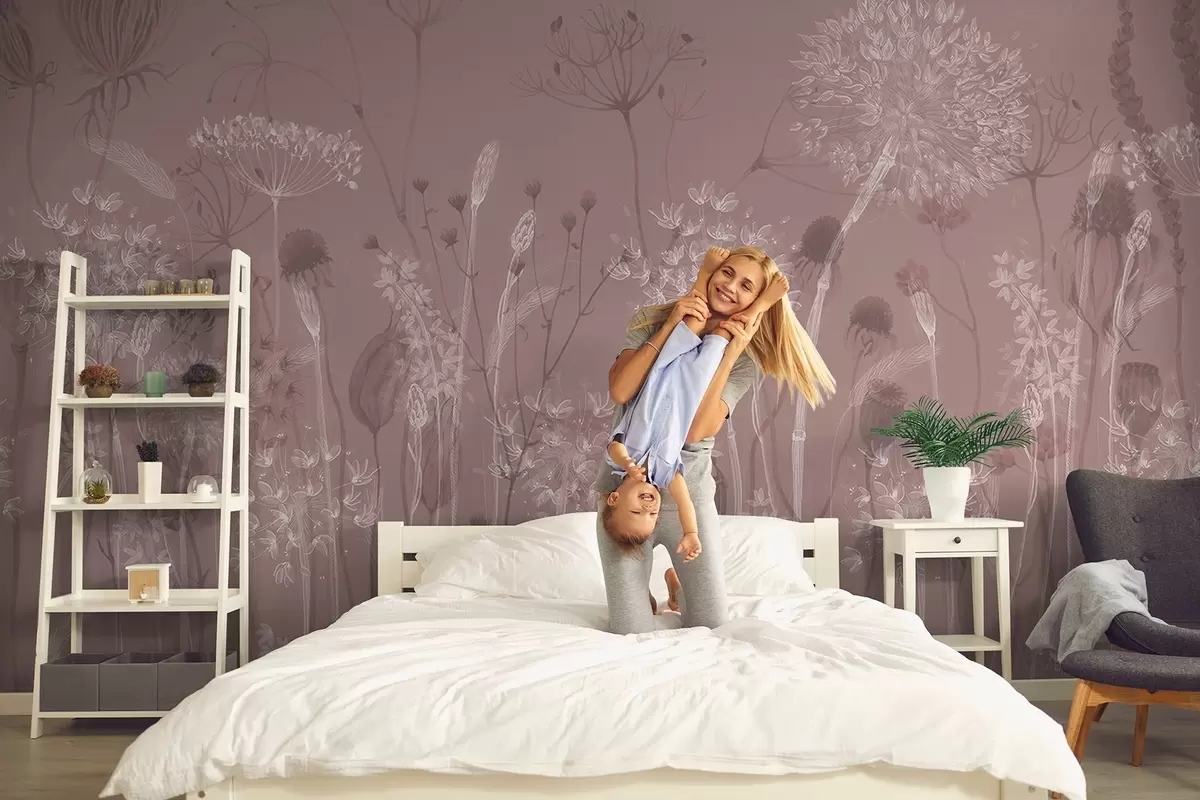 fototapet Păpădii aerisite și flori sălbatice în stil acuarelă în tonuri roz w08637v1