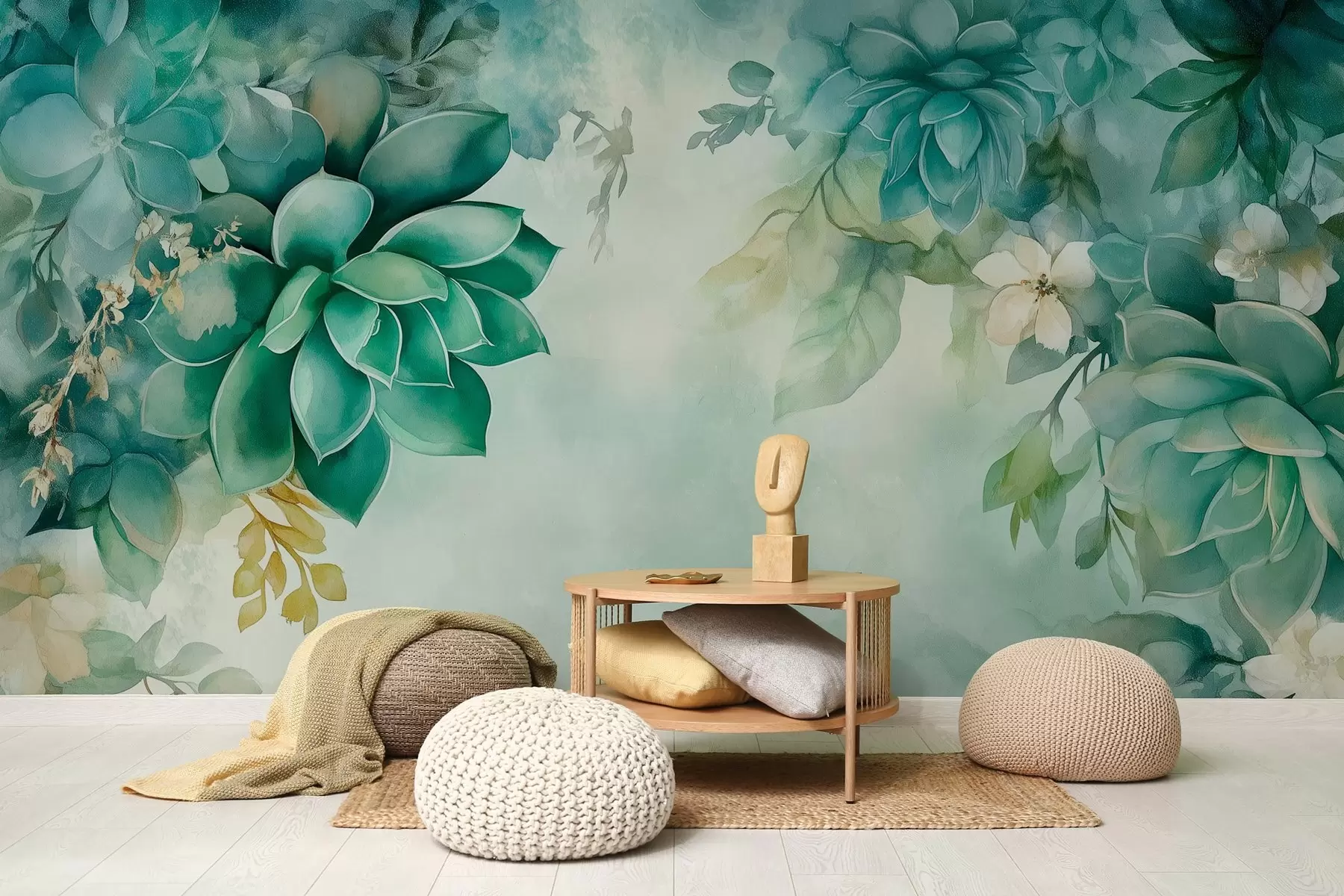 fototapet Delicate suculente luxuriante și elemente florale în stil acuarelă în tonuri verzi w02874