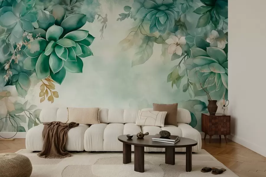 fototapet Delicate suculente luxuriante și elemente florale în stil acuarelă în tonuri verzi w02874