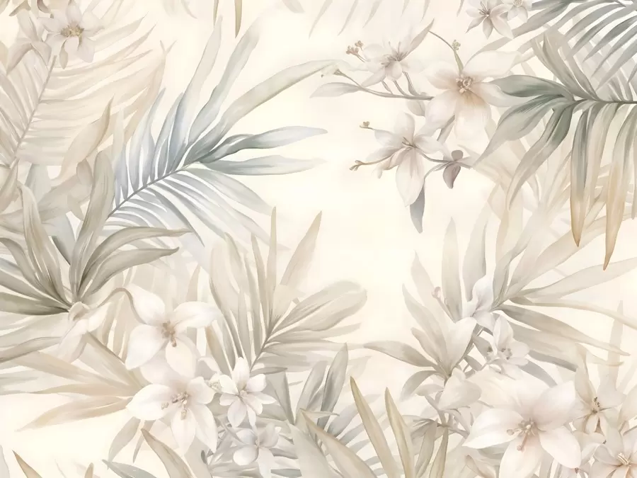 fototapet Frunze și flori tropicale în culori pastelate, cu verde deschis, crem și roz subtil w08660