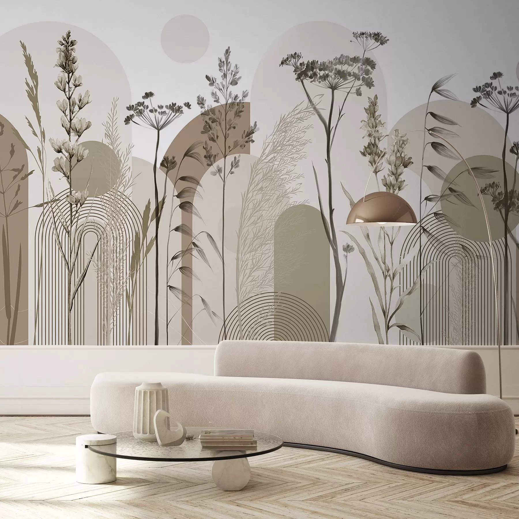 fototapet O colecție de plante și flori în tonuri neutre pe un fundal abstract de arc în nuanțe moi de bej și maro w08665