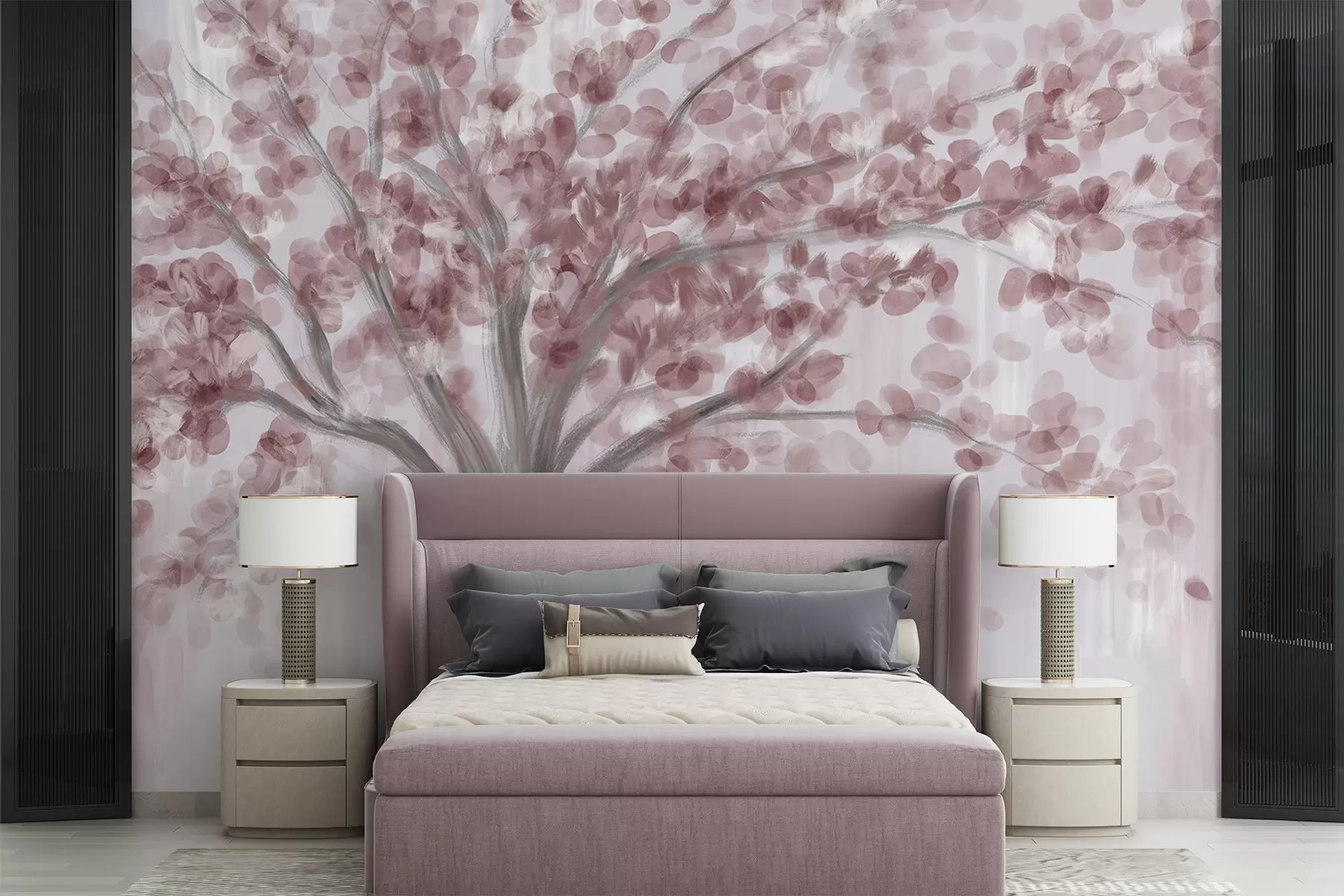 fototapet Un copac mare cu frunze moi, abstracte, roz, pe un fundal ușor, neutru, care accentuează tonurile copacului w08669v2