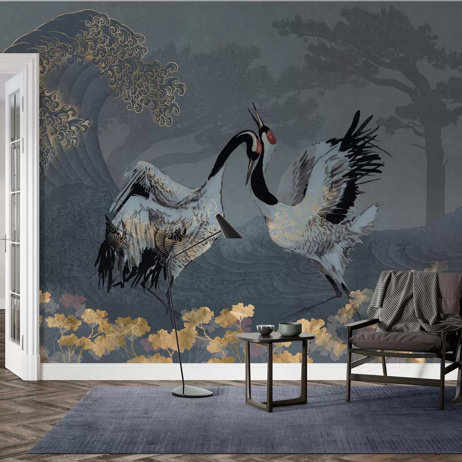 fototapet Macarale, copaci și valuri cu elemente în stil chinezesc w02747