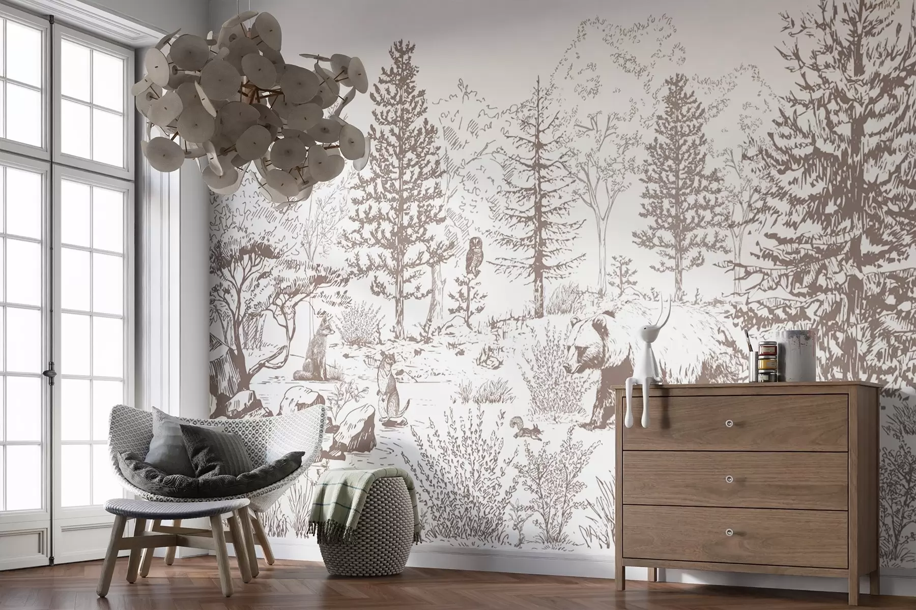 fototapet Viața pădurii, copaci, animale sălbatice, urs, vulpe, bufniță, tufișuri, desen în stil creion, culori bej w02929