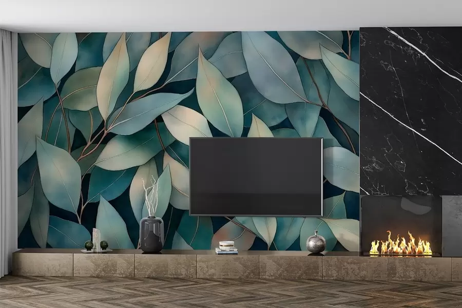 fototapet Frunze de eucalipt, desen în stil acuarelă, model floral, culori verzi w02931