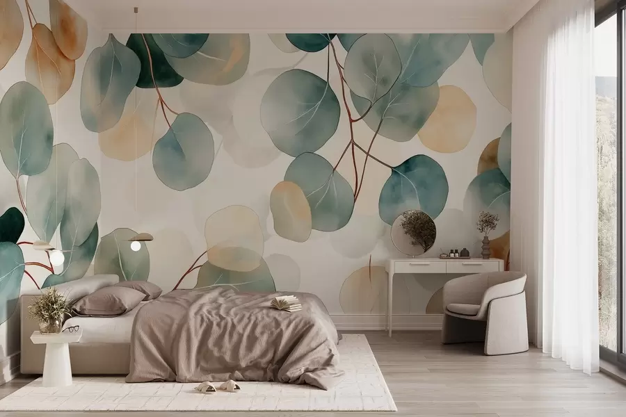 fototapet Stil acuarelă eucalipt desen, culori pastelate moi, florale w02938