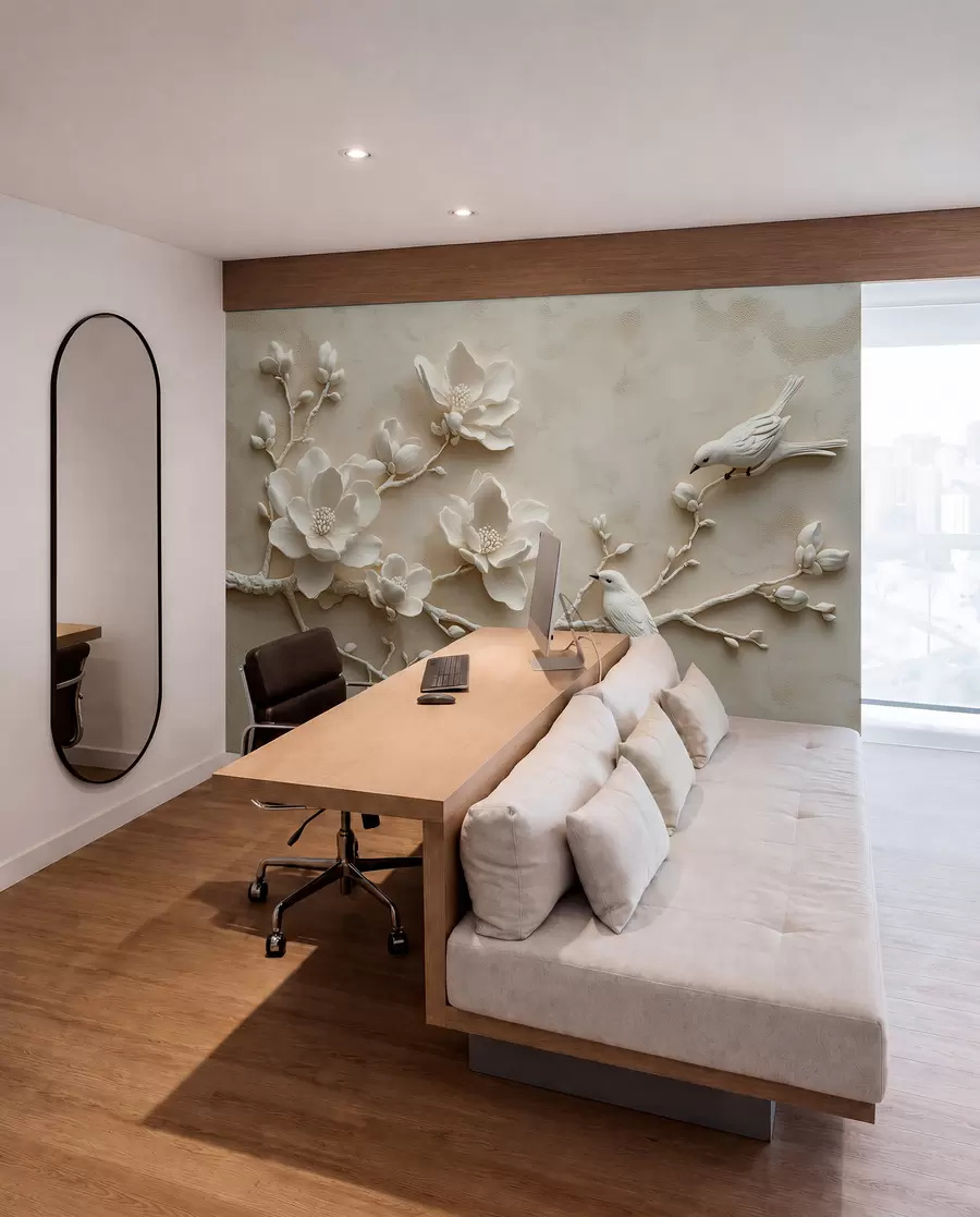 fototapet ramuri de magnolie 3D cu păsări pe ele w08690