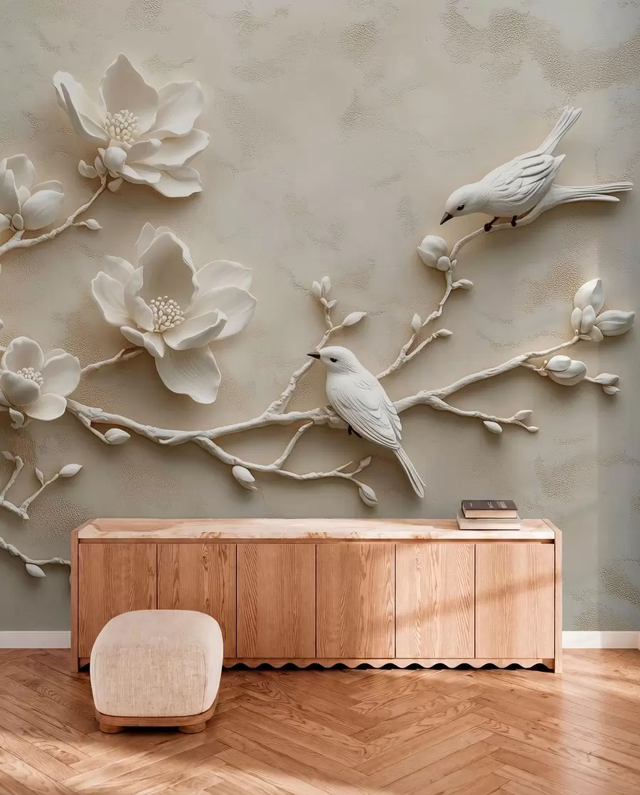 fototapet ramuri de magnolie 3D cu păsări pe ele w08690