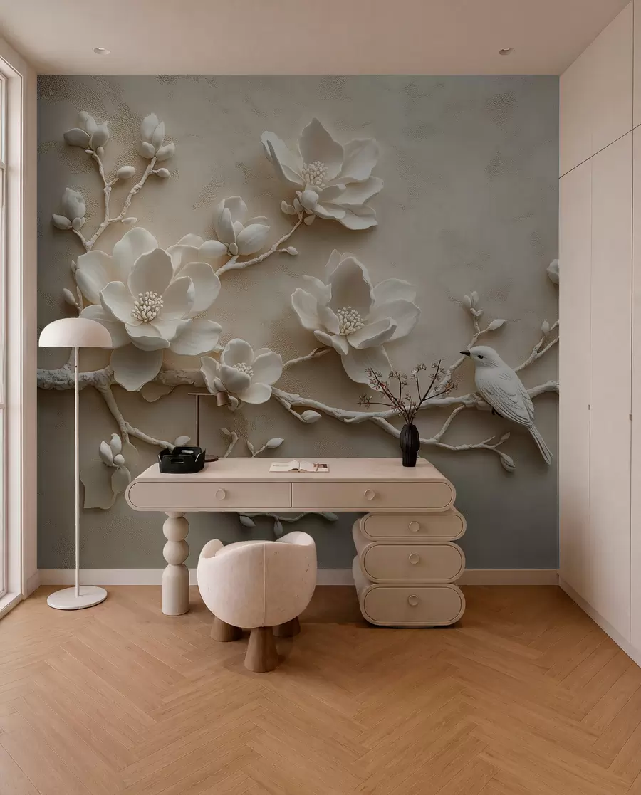 fototapet ramuri de magnolie 3D cu păsări pe ele w08690