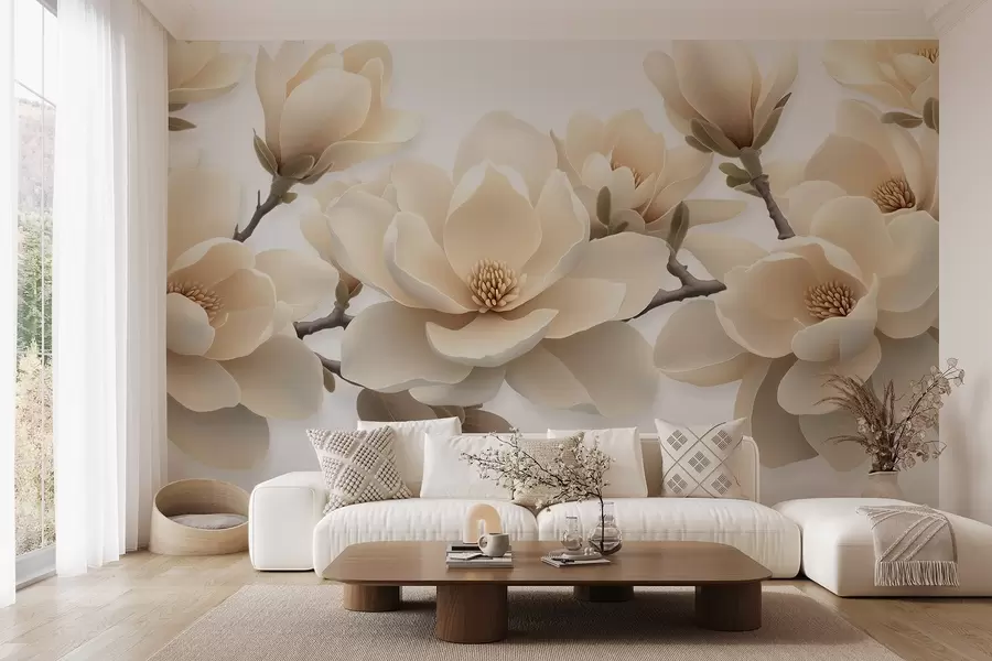 fototapet Flori de magnolie bej înflorit într-un ton cremos pe un fundal alb w08692