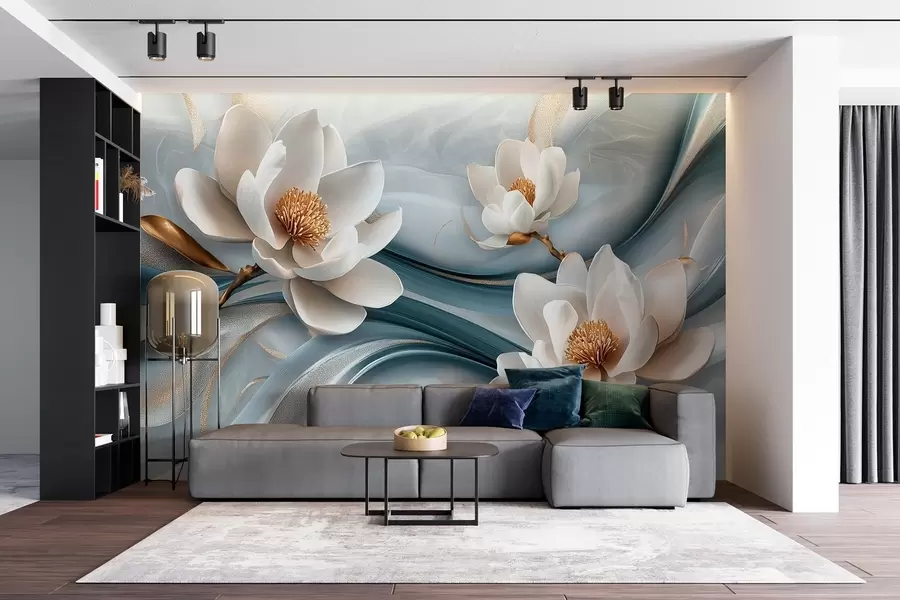 fototapet Flori de magnolie combinate cu tonuri de albastru, alb și galben cu valuri abstracte w08695