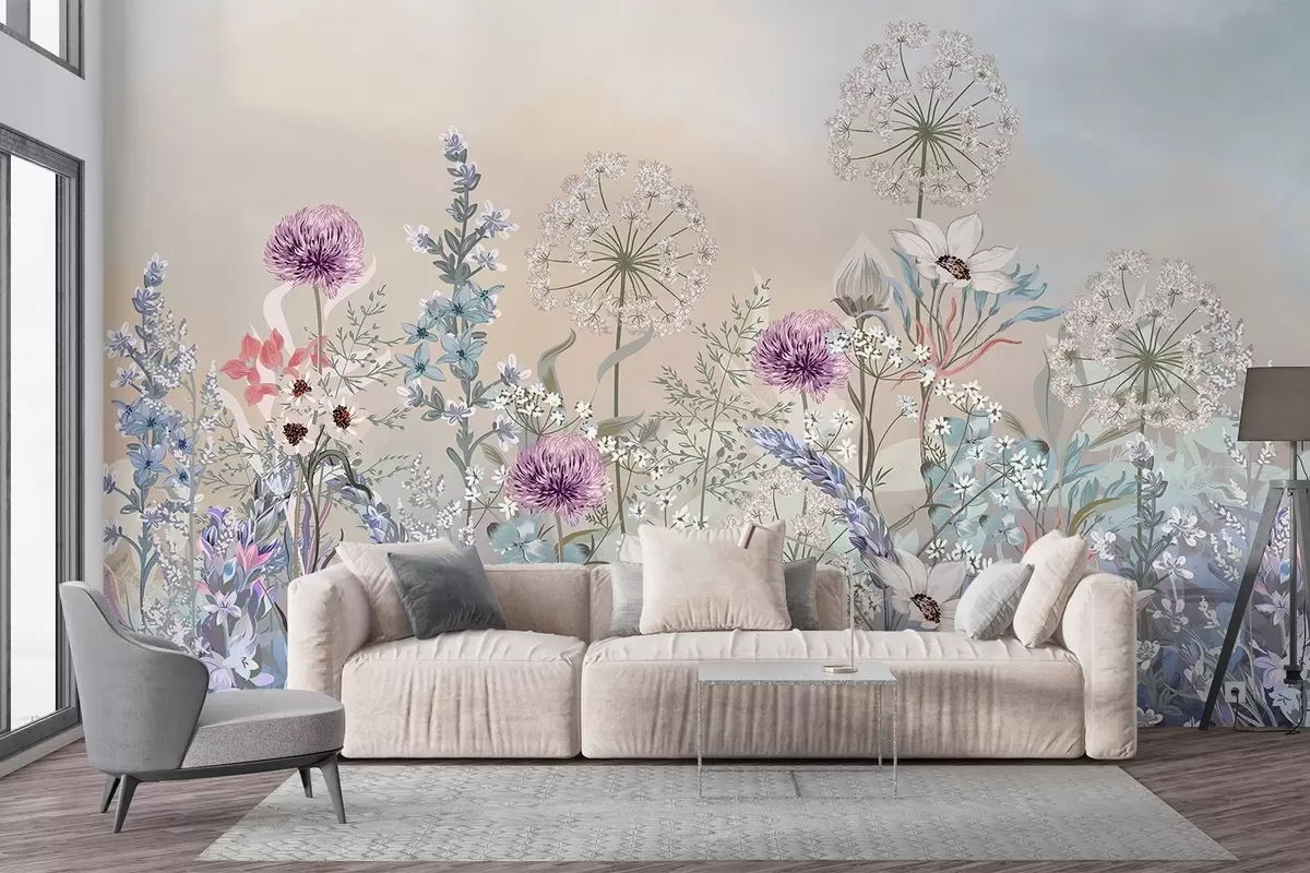 fototapet O grădină florală vibrantă cu diverse flori și iarbă pe un fundal texturat de gradient de culoare pastel moale w08699