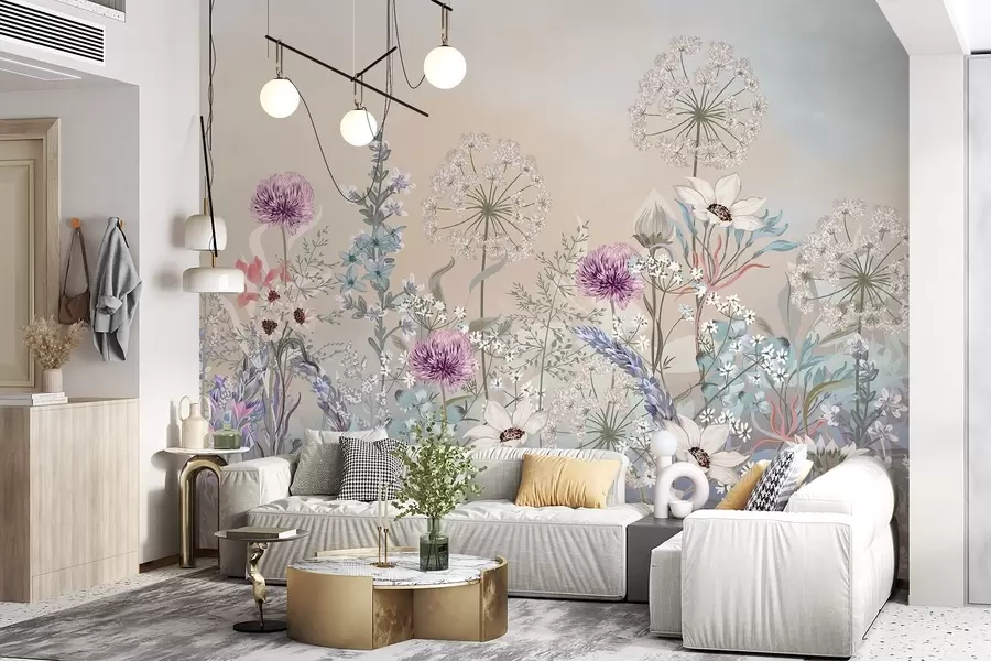 fototapet O grădină florală vibrantă cu diverse flori și iarbă pe un fundal texturat de gradient de culoare pastel moale w08699