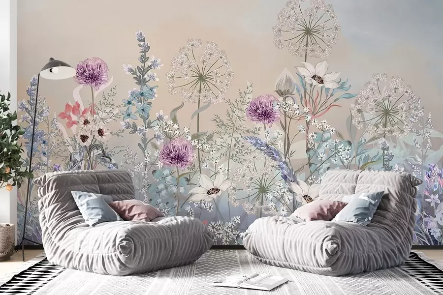 fototapet O grădină florală vibrantă cu diverse flori și iarbă pe un fundal texturat de gradient de culoare pastel moale w08699