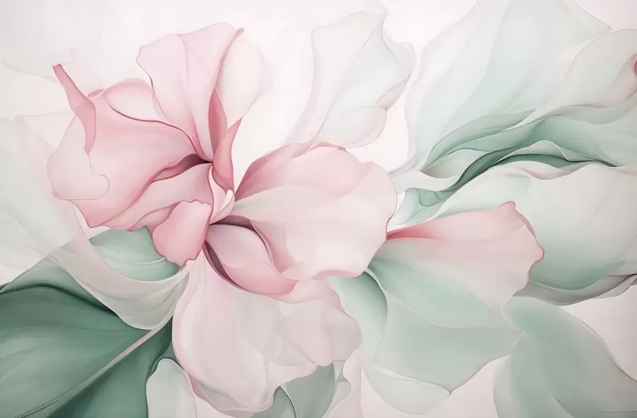fototapet Flux de petale florale abstracte translucide și forme stratificate în culori pastelate, în nuanțe de roz și verde w08701v1