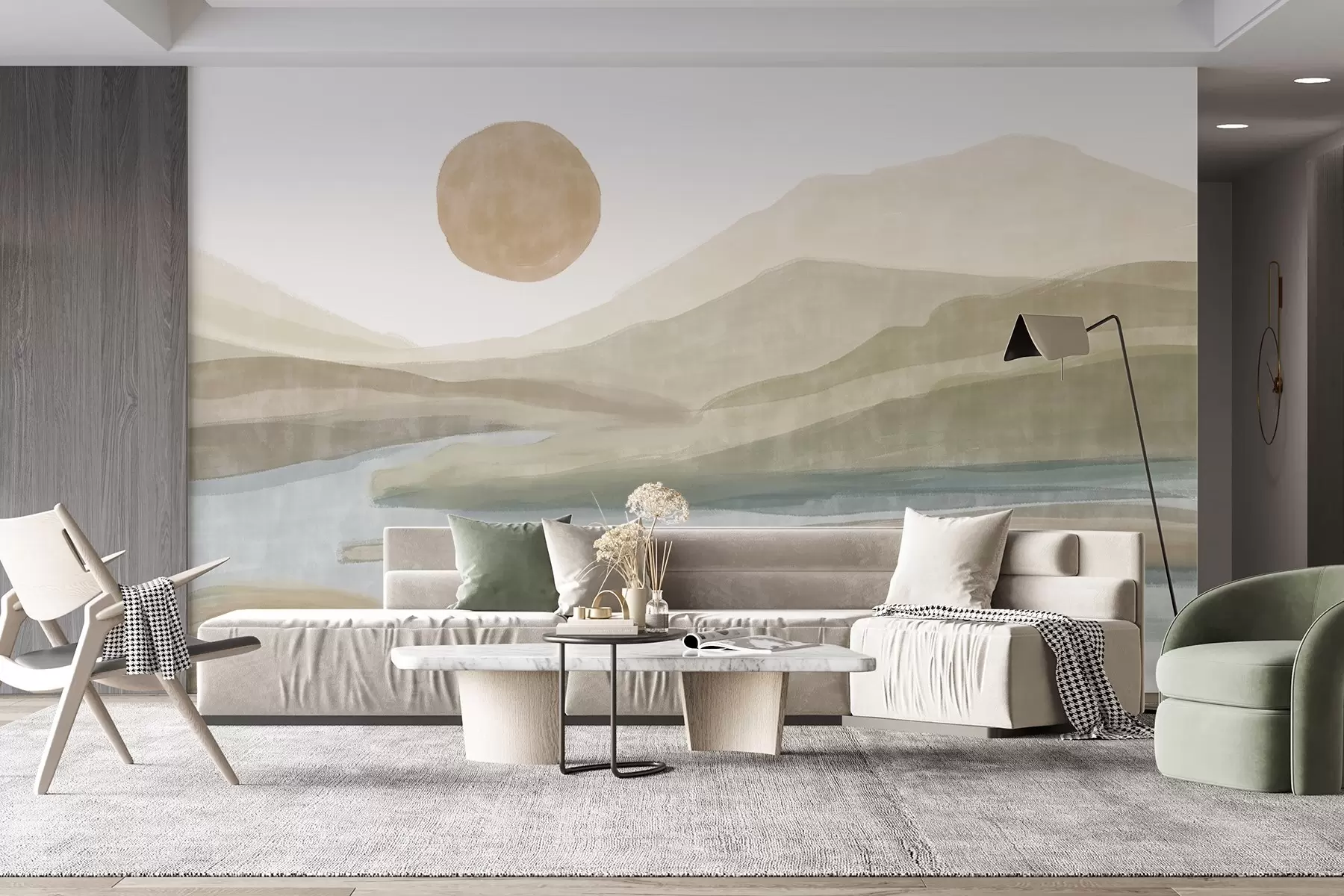 fototapet Un peisaj de munți stratificați cu un gradient ușor, un râu șerpuitor, un soare portocaliu stins pe cer w08702