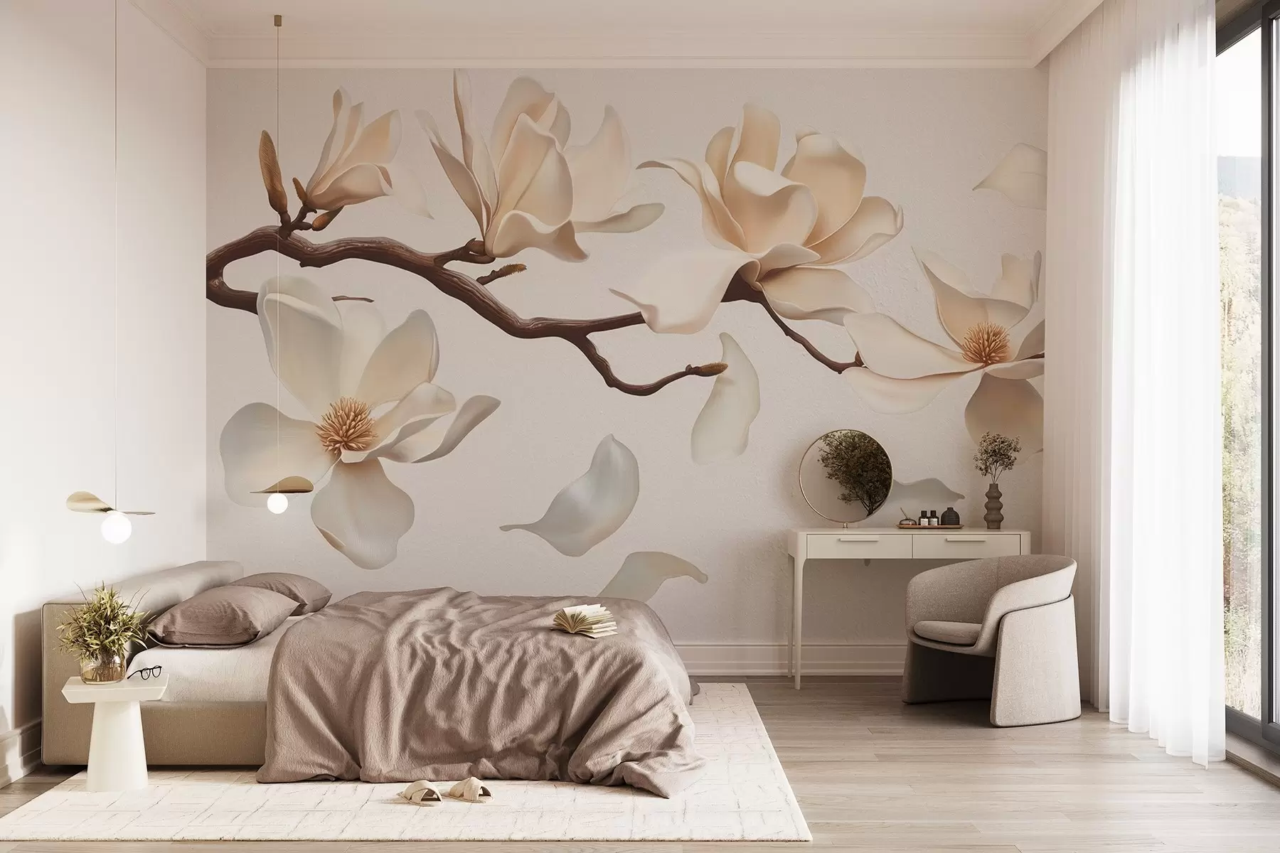 fototapet O ramură de copac cu flori delicate de magnolie și petale care cad w08706