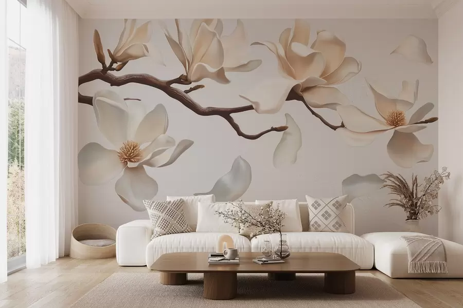 fototapet O ramură de copac cu flori delicate de magnolie și petale care cad w08706