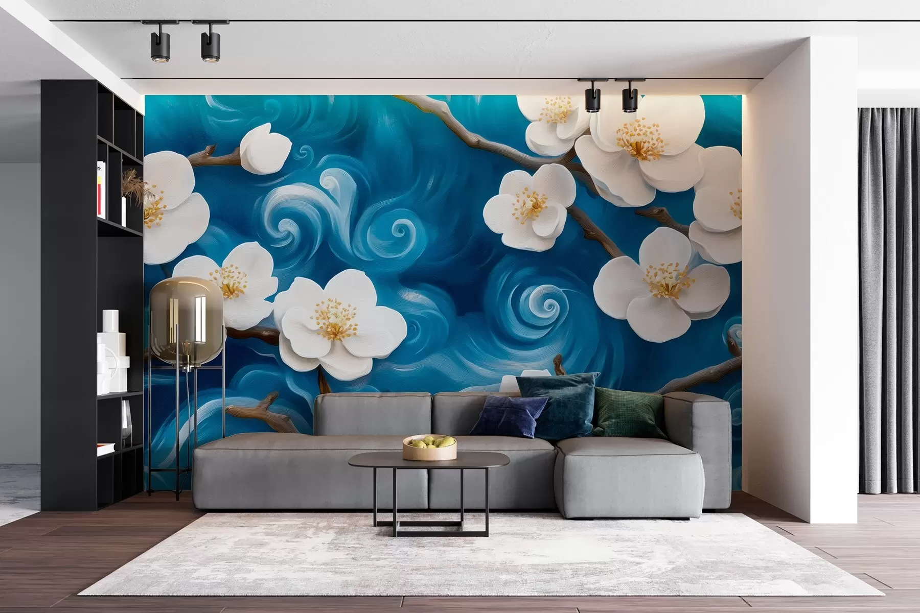 fototapet Migdal înflorit în stilul lui Van Gogh, flori albe pe un cer albastru înnorat w08707